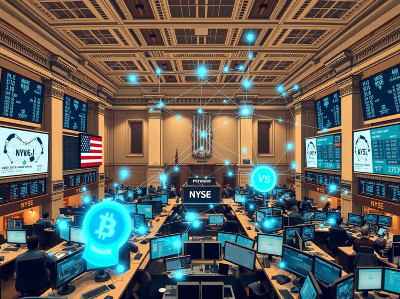 NYSE trading floor with blockchain technology overlay representing tokenized securities filing with SEC