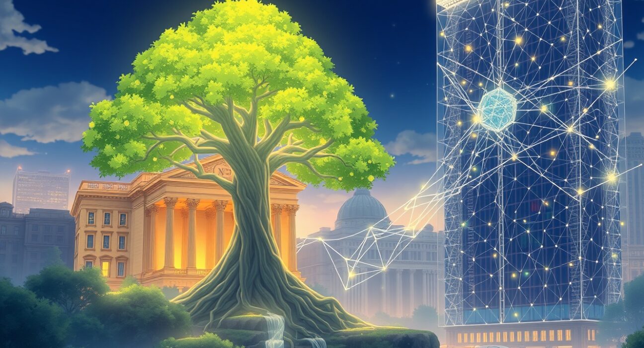 Illustration of NYSE tokenized settlement connecting to public blockchain networks for secure financial transactions.