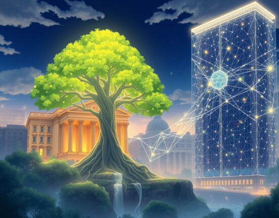 Illustration of NYSE tokenized settlement connecting to public blockchain networks for secure financial transactions.