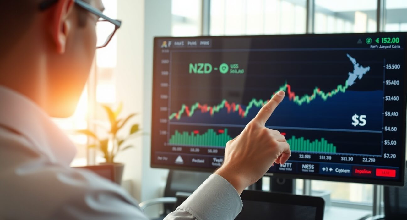 Financial analyst monitoring NZD exchange rate chart on screen