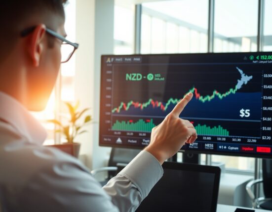 Financial analyst monitoring NZD exchange rate chart on screen