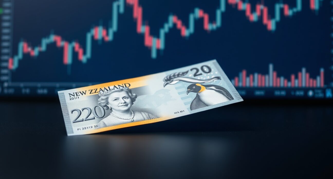 New Zealand Dollar banknote on financial chart background representing currency decline
