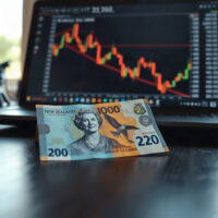 New Zealand Dollar banknote and laptop showing declining forex chart