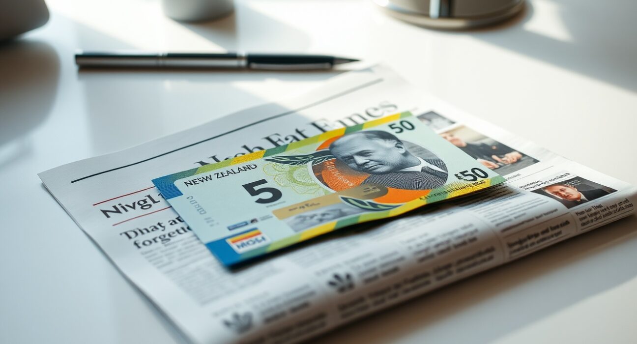 New Zealand 50 dollar banknote on a budget newspaper on a desk