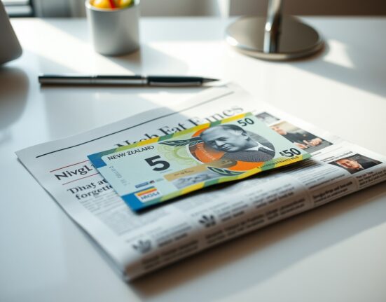 New Zealand 50 dollar banknote on a budget newspaper on a desk