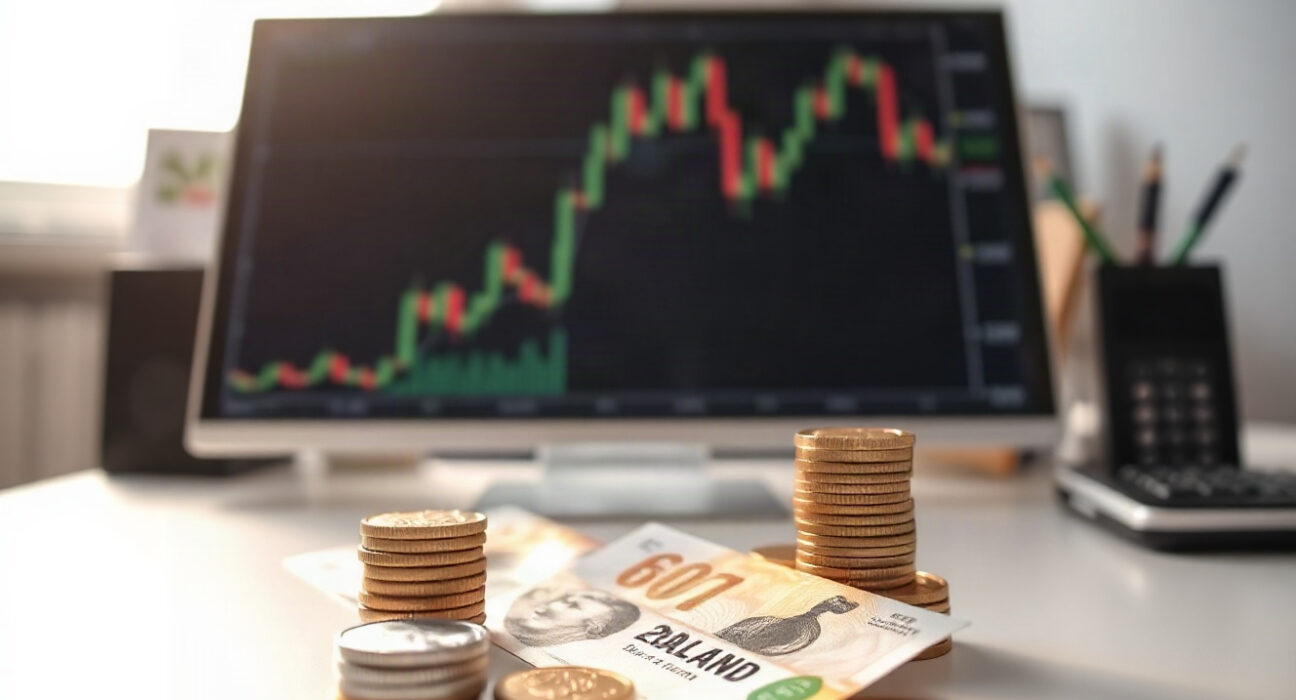 New Zealand Dollar notes and coins on a desk with a financial chart in the background