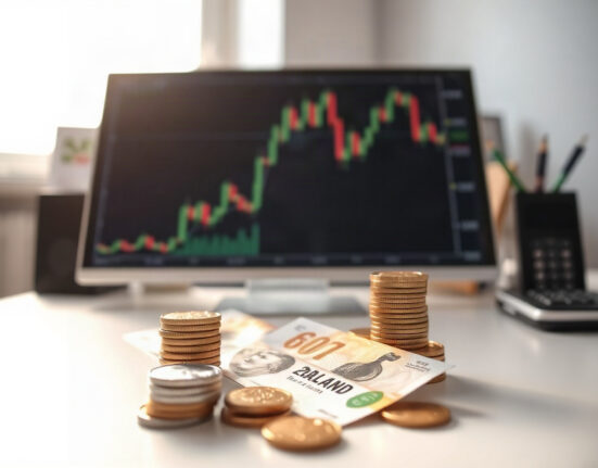 New Zealand Dollar notes and coins on a desk with a financial chart in the background