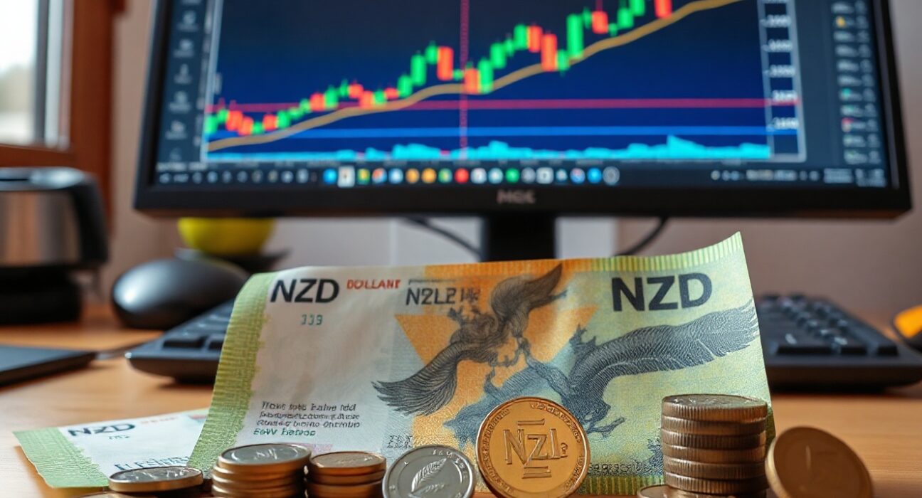 New Zealand Dollar banknotes and coins with a forex chart on screen in background