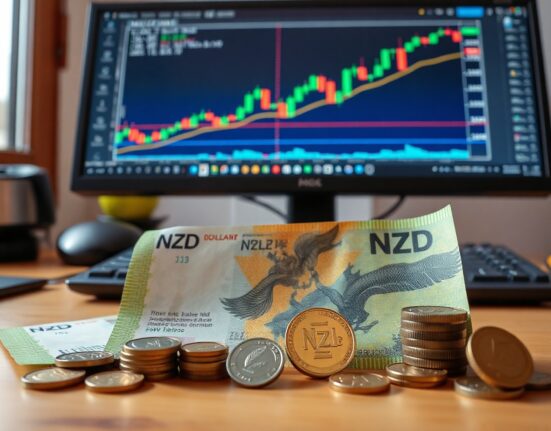 New Zealand Dollar banknotes and coins with a forex chart on screen in background