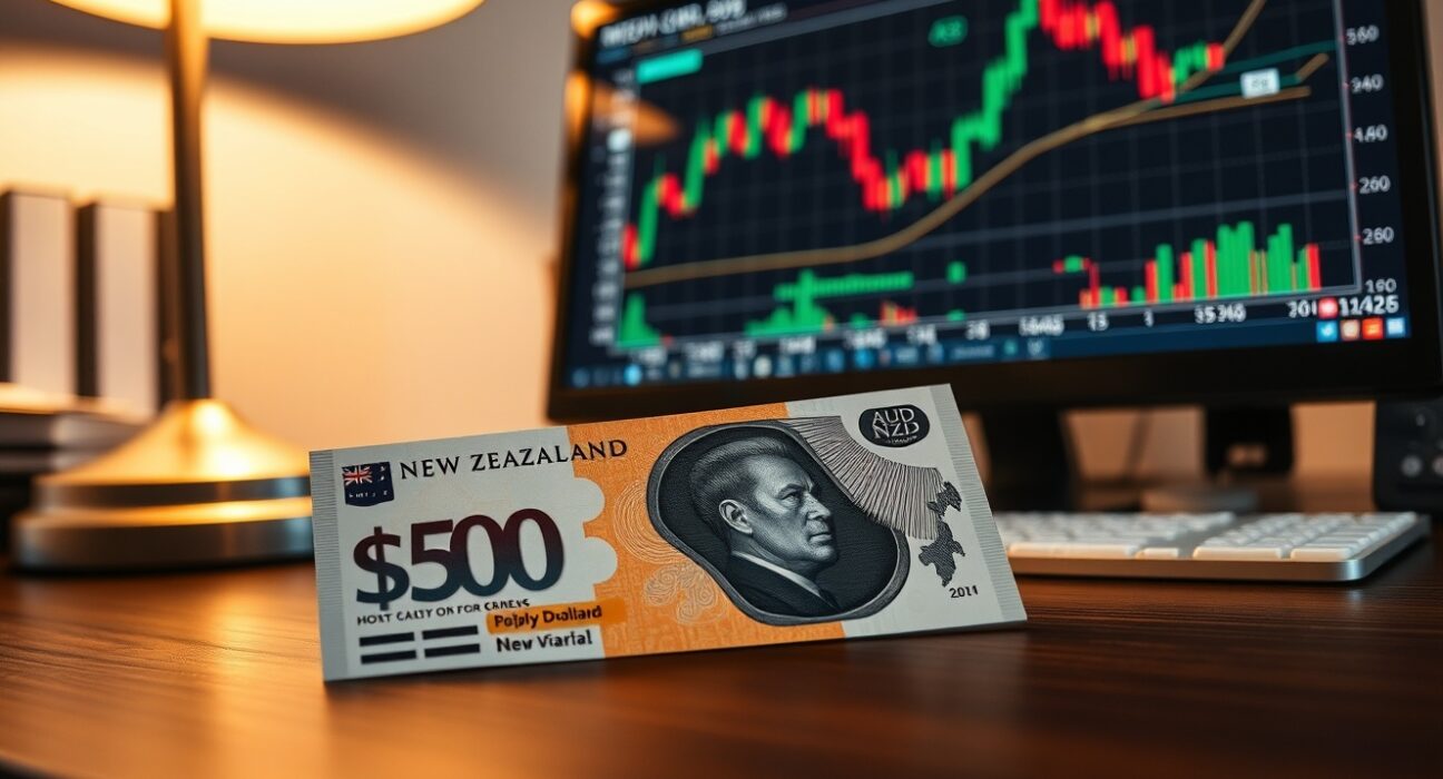 New Zealand Dollar banknote with forex trading charts in background