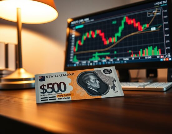New Zealand Dollar banknote with forex trading charts in background