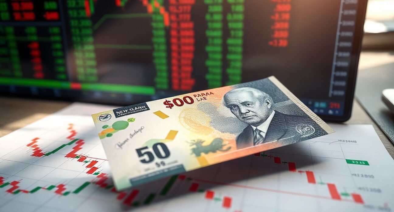 New Zealand Dollar banknote on financial chart with candlestick patterns, representing currency market movement and RBNZ rate hike expectations.