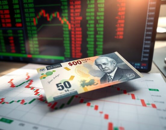 New Zealand Dollar banknote on financial chart with candlestick patterns, representing currency market movement and RBNZ rate hike expectations.