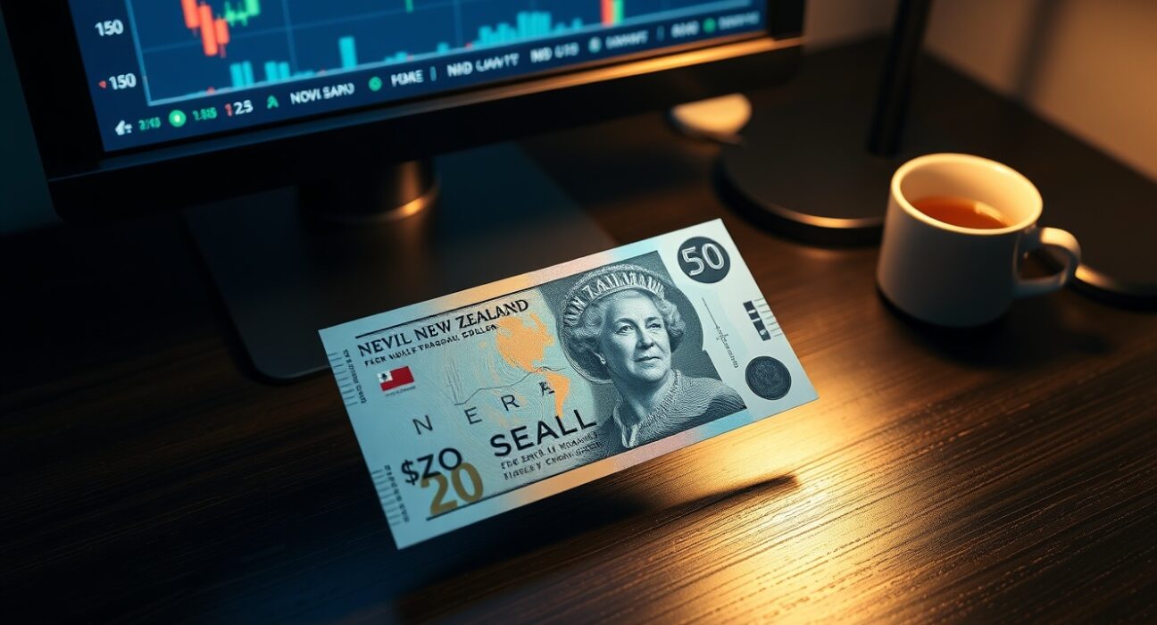 New Zealand Dollar banknote with forex chart on a desk, representing NZD strength and RBNZ policy.