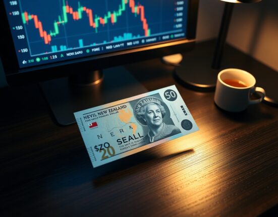 New Zealand Dollar banknote with forex chart on a desk, representing NZD strength and RBNZ policy.