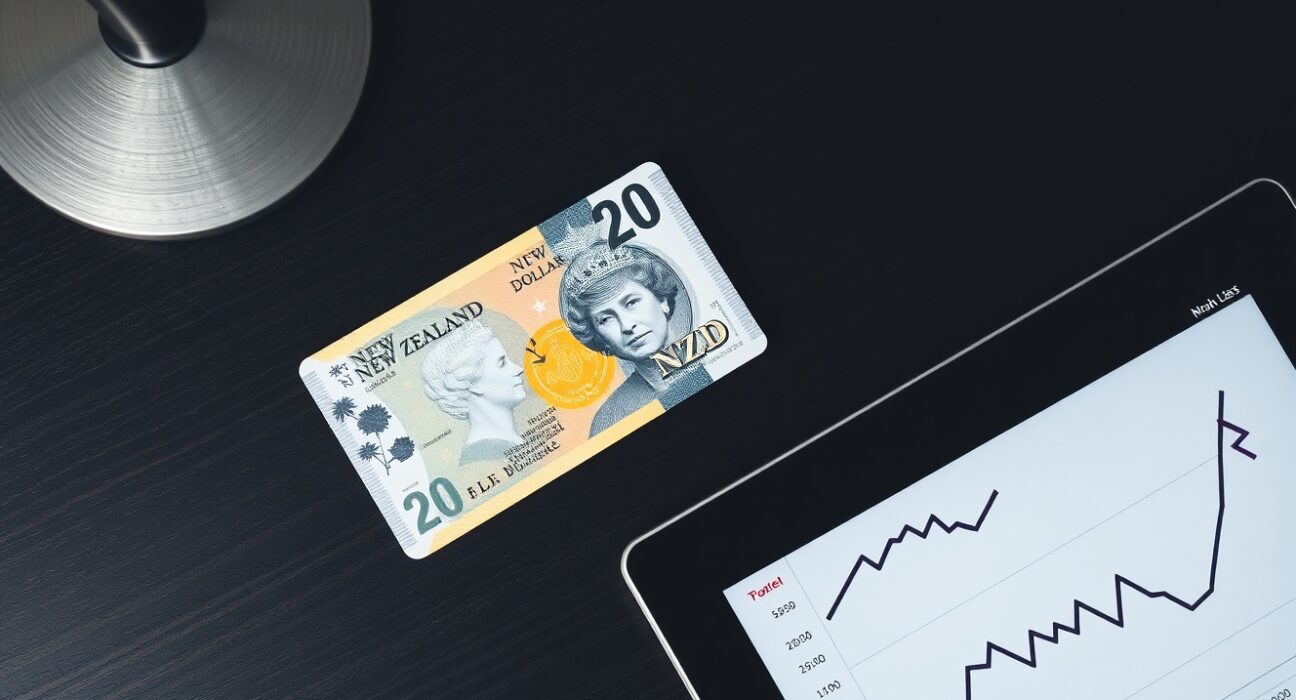 New Zealand Dollar banknote with a chart showing a downward trend, representing currency vulnerability.