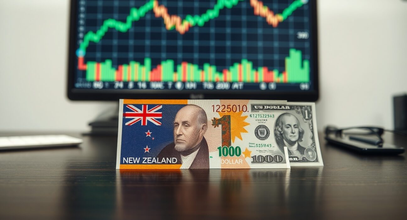 New Zealand Dollar and US Dollar banknotes on a desk with a financial chart in the background.
