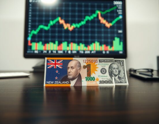 New Zealand Dollar and US Dollar banknotes on a desk with a financial chart in the background.