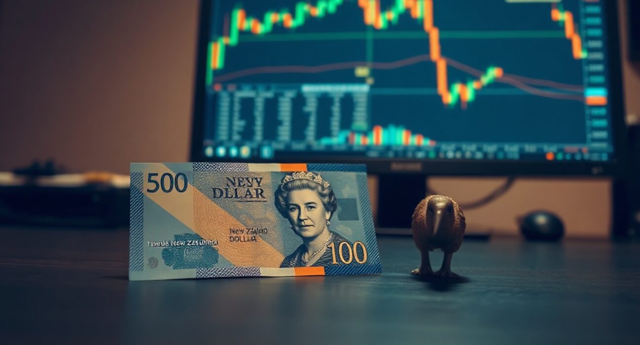 New Zealand Dollar banknote with Kiwi bird figurine on desk, financial charts in background