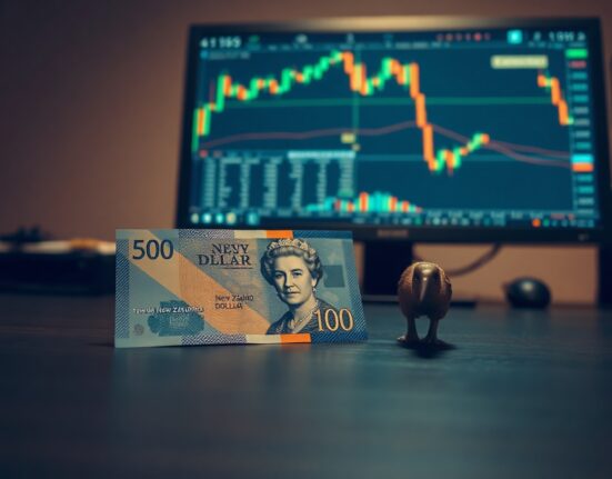 New Zealand Dollar banknote with Kiwi bird figurine on desk, financial charts in background