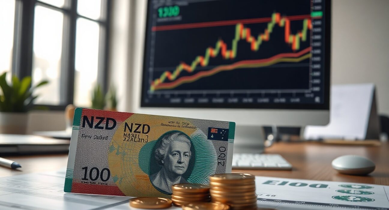 New Zealand Dollar banknotes and coins with a forex chart on a monitor, representing RBNZ policy and labor market analysis.