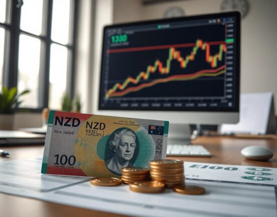 New Zealand Dollar banknotes and coins with a forex chart on a monitor, representing RBNZ policy and labor market analysis.