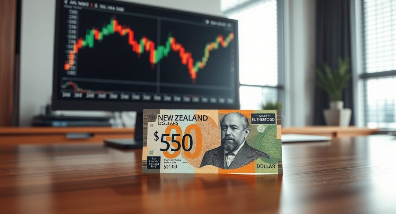New Zealand Dollar banknote on a desk with a financial chart in the background, representing currency market rally.