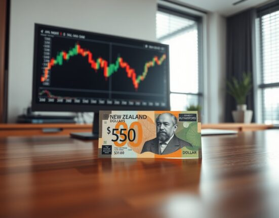 New Zealand Dollar banknote on a desk with a financial chart in the background, representing currency market rally.