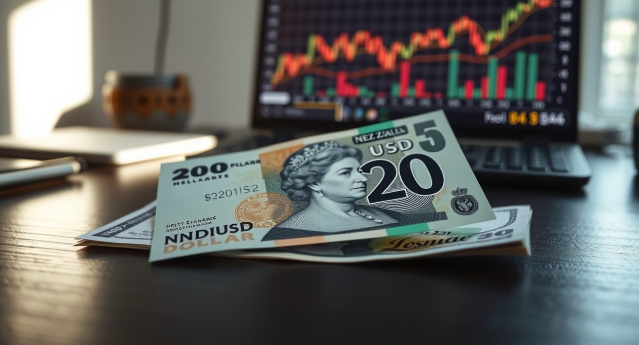 New Zealand Dollar banknote and US Dollar bill on desk with forex chart in background