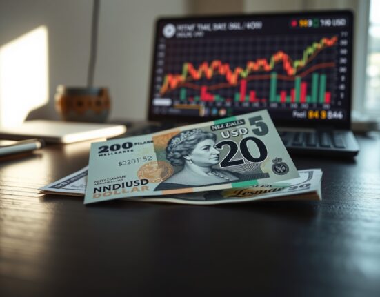 New Zealand Dollar banknote and US Dollar bill on desk with forex chart in background