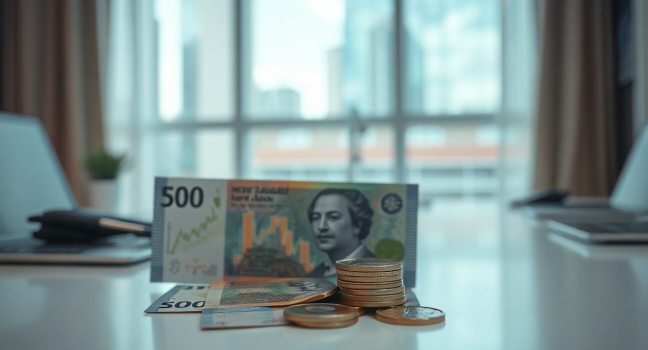New Zealand Dollar banknotes and coins on a desk with financial charts in the background