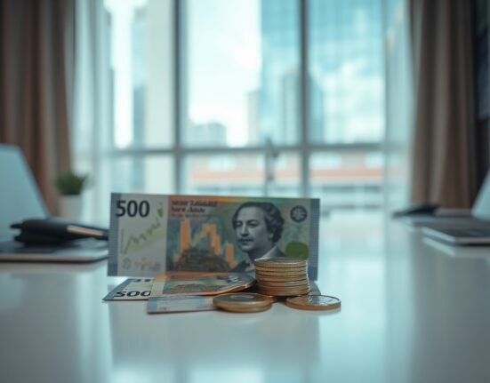 New Zealand Dollar banknotes and coins on a desk with financial charts in the background