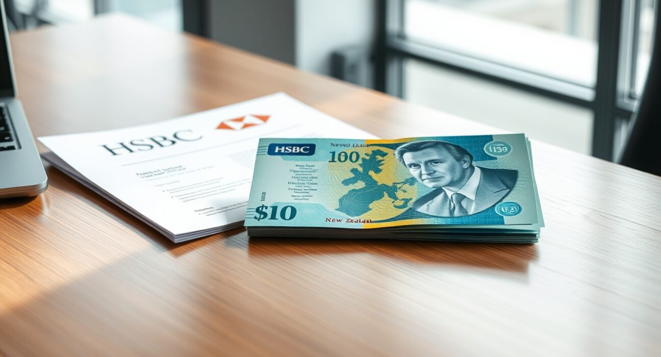 New Zealand Dollar banknote and HSBC financial report on a desk, representing forex analysis.