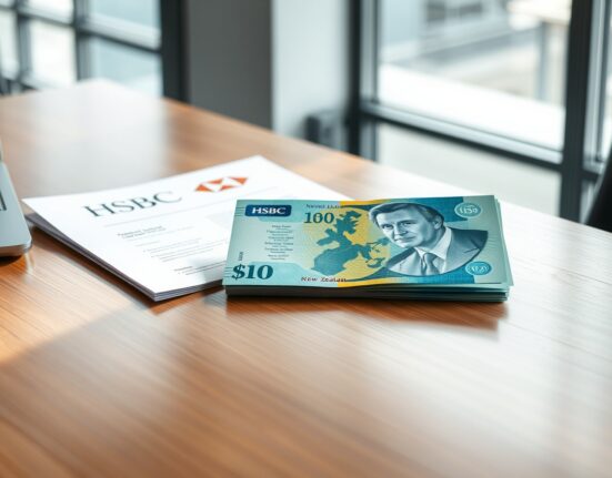 New Zealand Dollar banknote and HSBC financial report on a desk, representing forex analysis.