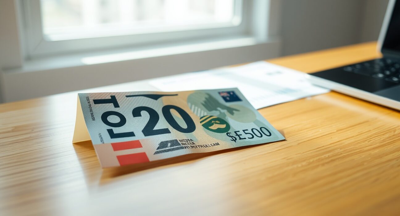 New Zealand Dollar banknote on desk with upward chart in background