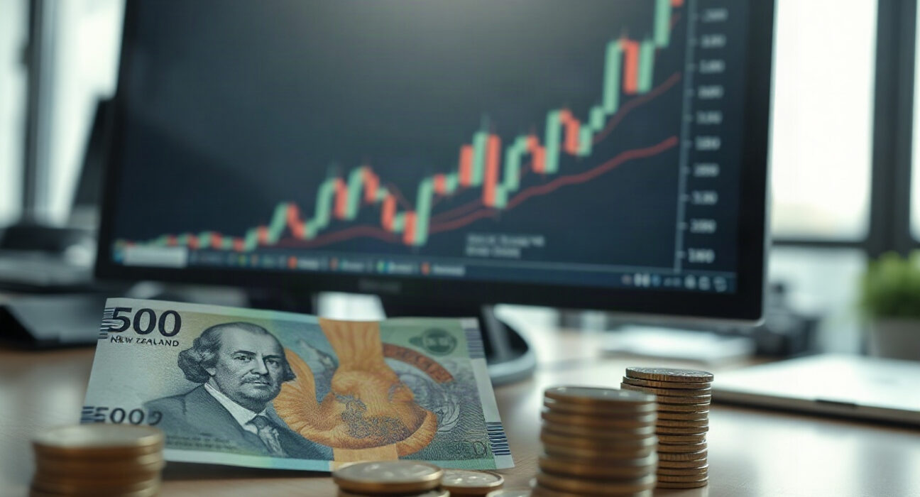 New Zealand Dollar banknotes with a rising chart on a monitor in an office setting