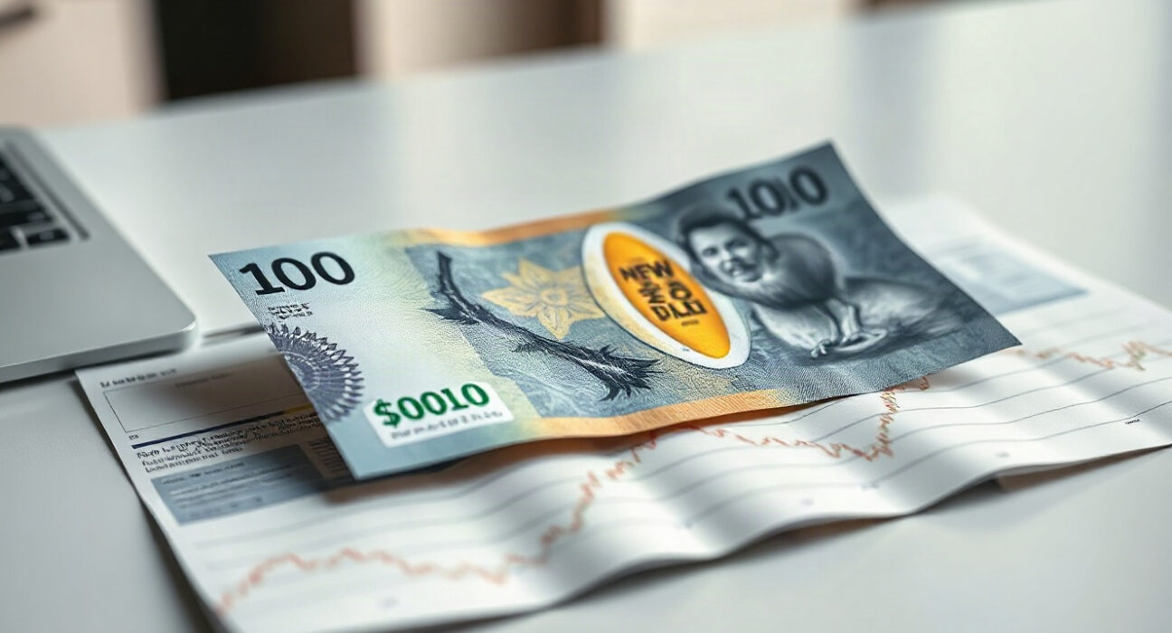New Zealand Dollar banknote on a financial chart with an upward trend line, symbolizing currency strength and rate hike expectations.