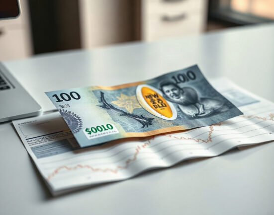 New Zealand Dollar banknote on a financial chart with an upward trend line, symbolizing currency strength and rate hike expectations.