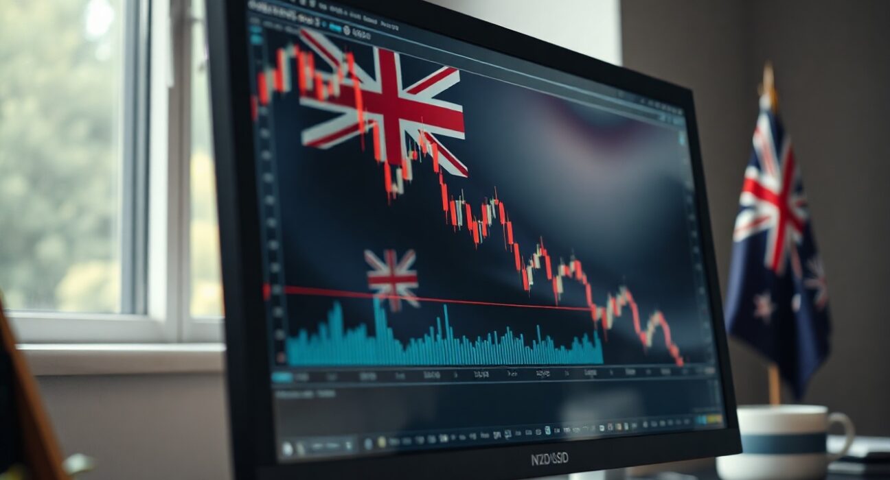 Downward trending NZD/USD chart on a trading monitor with New Zealand flag in background