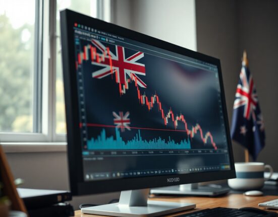 Downward trending NZD/USD chart on a trading monitor with New Zealand flag in background
