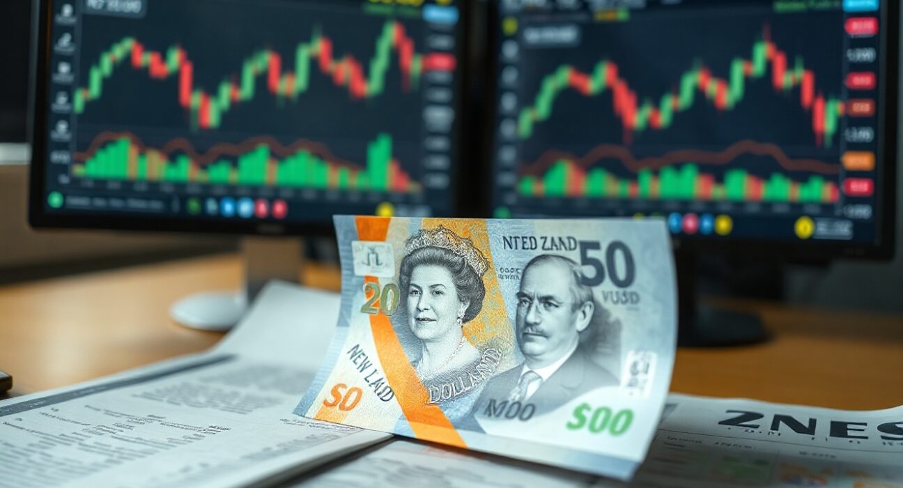 New Zealand Dollar banknotes and financial charts representing currency market analysis