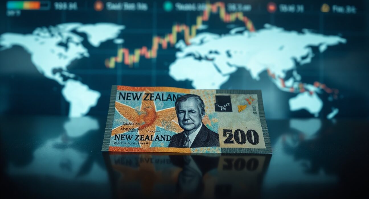 New Zealand Dollar banknote with world map and charts in background, symbolizing currency market volatility.
