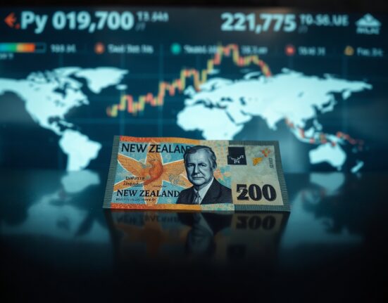 New Zealand Dollar banknote with world map and charts in background, symbolizing currency market volatility.