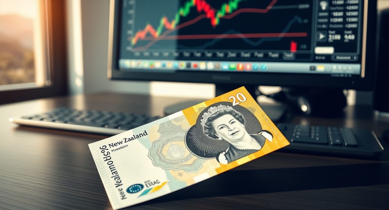 New Zealand Dollar banknote on desk with financial chart on monitor