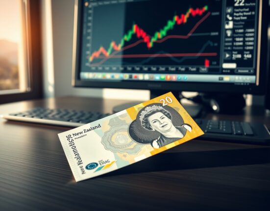 New Zealand Dollar banknote on desk with financial chart on monitor