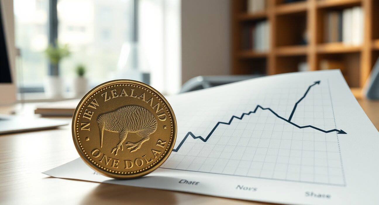 New Zealand dollar coin on a declining graph illustrating stagflation risks and economic pressure.