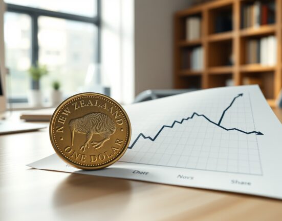 New Zealand dollar coin on a declining graph illustrating stagflation risks and economic pressure.
