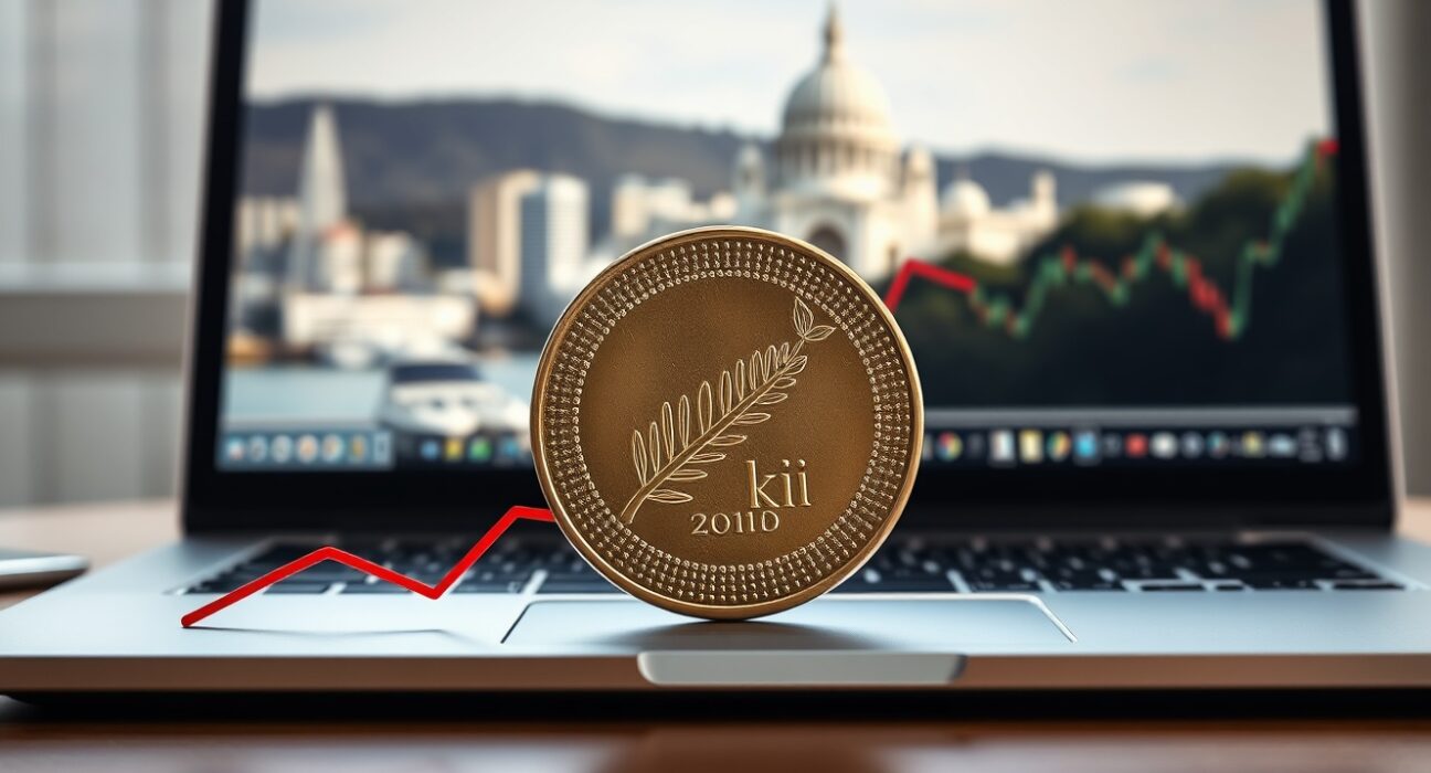 New Zealand dollar coin on downward graph showing stagflation risks and currency pressure analysis