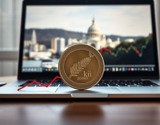 New Zealand dollar coin on downward graph showing stagflation risks and currency pressure analysis