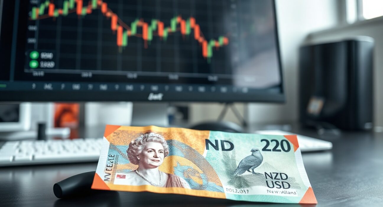 New Zealand Dollar banknote on a trading desk with a monitor showing a downward NZD/USD chart.
